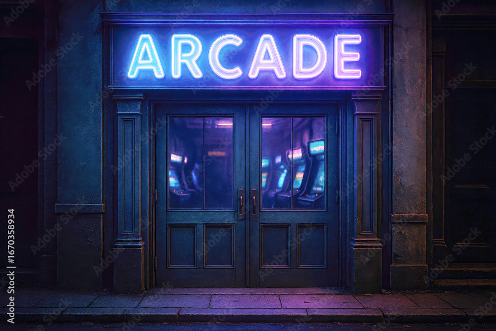 Obraz premium Entrance to an Arcade with a Glowing Neon Sign and Dark Doors blue