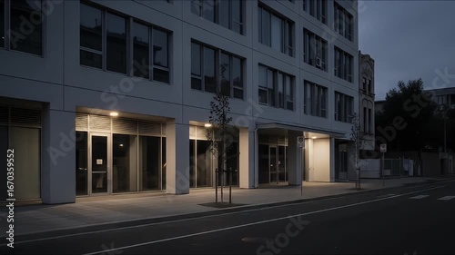 Modern building with lighted storefronts at night, showing light trails from passing car