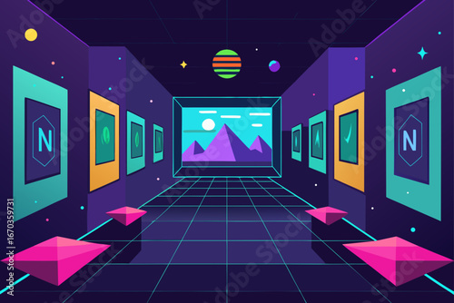 digital futuristic nft gallery flat vector background