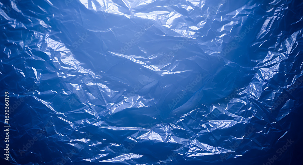 Fototapeta premium A close up view of crumpled blue plastic material with light reflection