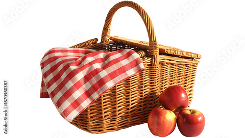 Wicker picnic basket with red checkered blanket and apples isolated on transparent background