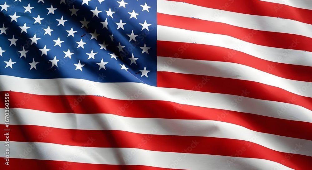 Fototapeta premium Closeup view of the american flag waving, showcasing its iconic stars and stripes in a detailed and patriotic representation of the united states of america