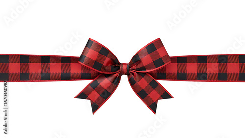 Red and black buffalo plaid ribbon bow isolated on transparent background