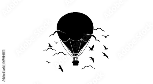 Black silhouette icon of a hot air balloon drifting under a sky with birds.