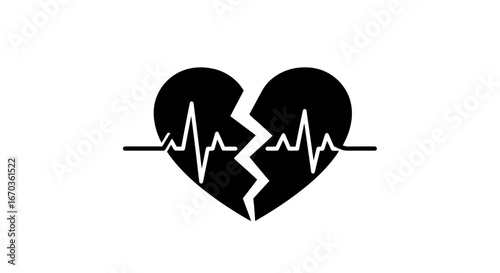 Black silhouette icon of a broken heart stitched by a heartbeat line.
