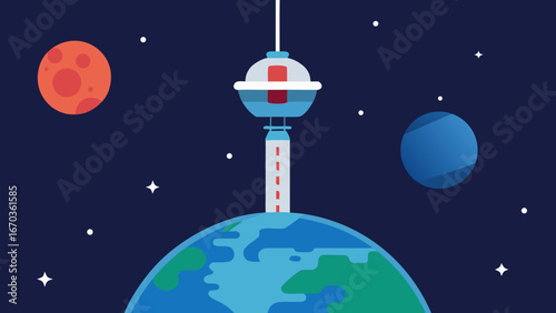 futuristic flat space elevator background connection