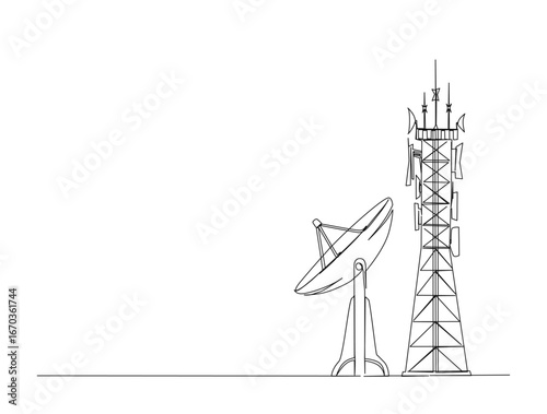 Communication tower and satellite disc in single line draw illustration. Continuous one line drawing of tower and satellite disc.