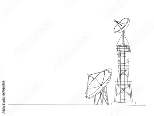 Communication tower and satellite disc in single line draw illustration. Continuous one line drawing of tower and satellite disc.