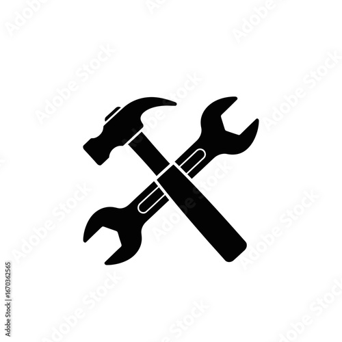 Black silhouette icon of a crossed hammer and wrench.