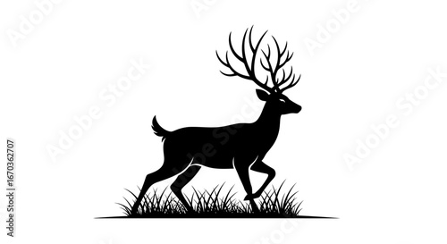 Black silhouette icon of a deer walking gracefully through grass.