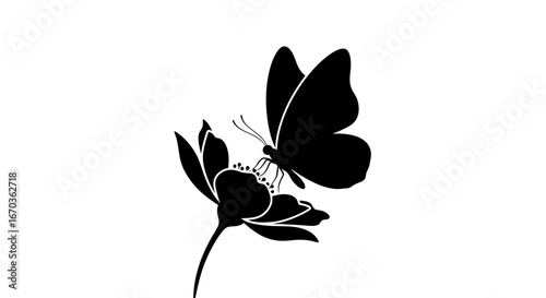 Black silhouette icon of a butterfly resting on a flower.