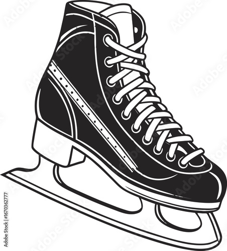 A pair of ice hockey skates with black and white boots, laces, and blades is isolated on a white background