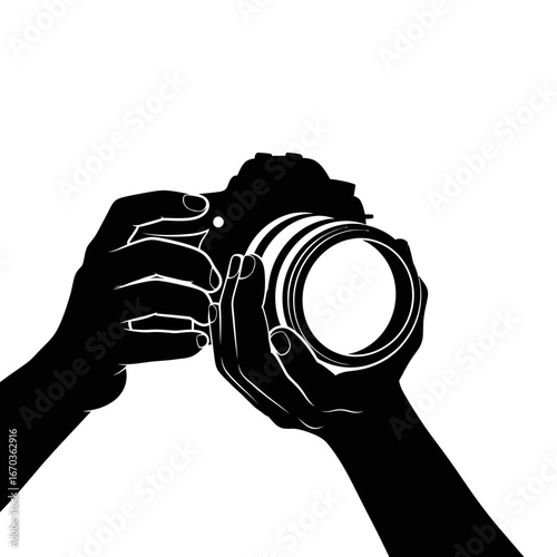 Black silhouette icon of a DSLR camera held in shooting position.