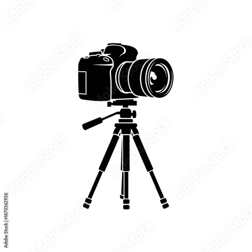 Black silhouette icon of a DSLR camera on a tripod.