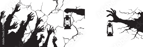 Halloween haunted background with zombie hands and lantern vector illustration design art