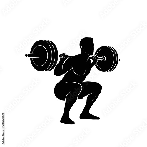Black silhouette icon of a fit man squatting with a barbell.