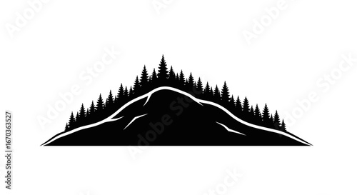 Black silhouette icon of a forested hill against open space.