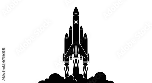 Black silhouette icon of a futuristic rocket launch.