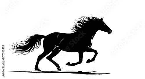 Black silhouette icon of a galloping horse, mane and tail flowing.