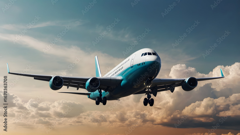 Fototapeta premium Commercial Airplane Flying at Sunset Sky