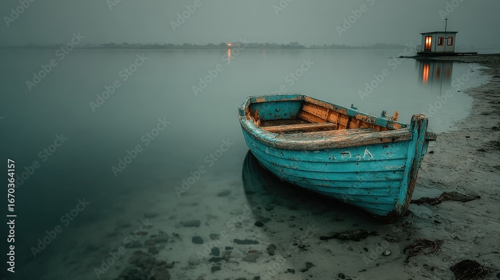 Naklejka premium Small wooden boat resting on the shore of a lake in a misty atmosphere at dawn, with a small house in the background