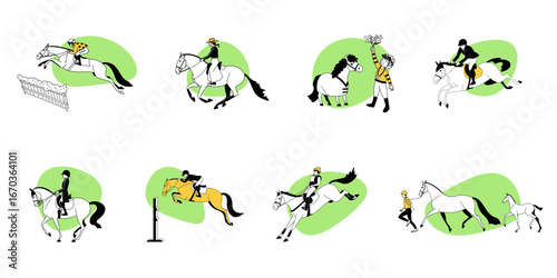 Set of illustrations showing various equestrian activities including jumping, dressage, leading horses and celebrating victory
