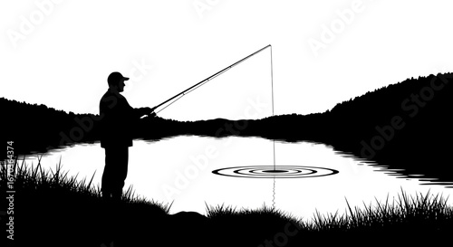 Black silhouette icon of a lone angler casting a line.