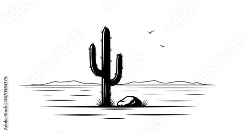 Black silhouette icon of a lone cactus in a desert landscape.