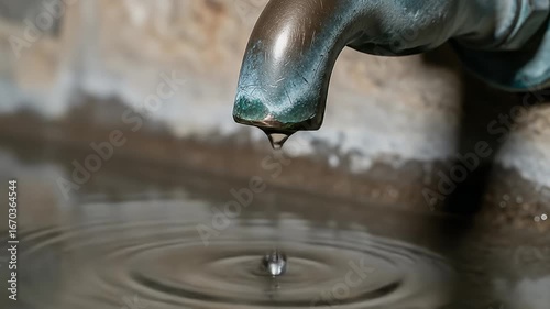 Dripping Faucet.
Description Close-up of a tarnished metal faucet dripping water into a puddle creating ripples