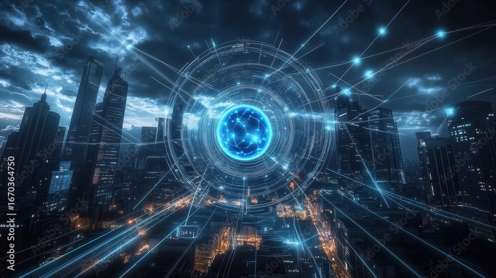 Obraz premium Cyberpunk Cityscape with Futuristic Data Visualization
