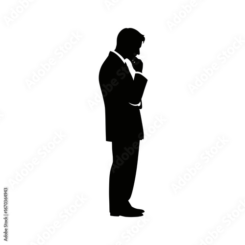 Black silhouette icon of a man standing with hand on chin.
