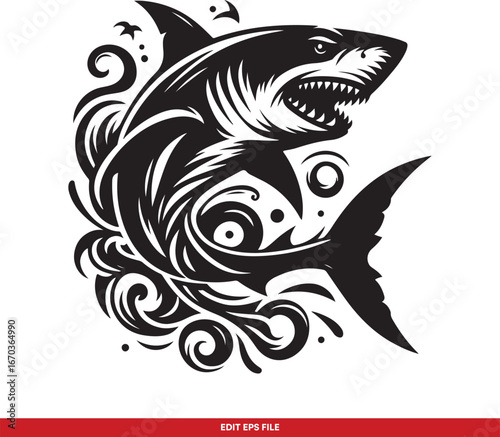 Aggressive Shark Vector Illustration with Decorative Swirls