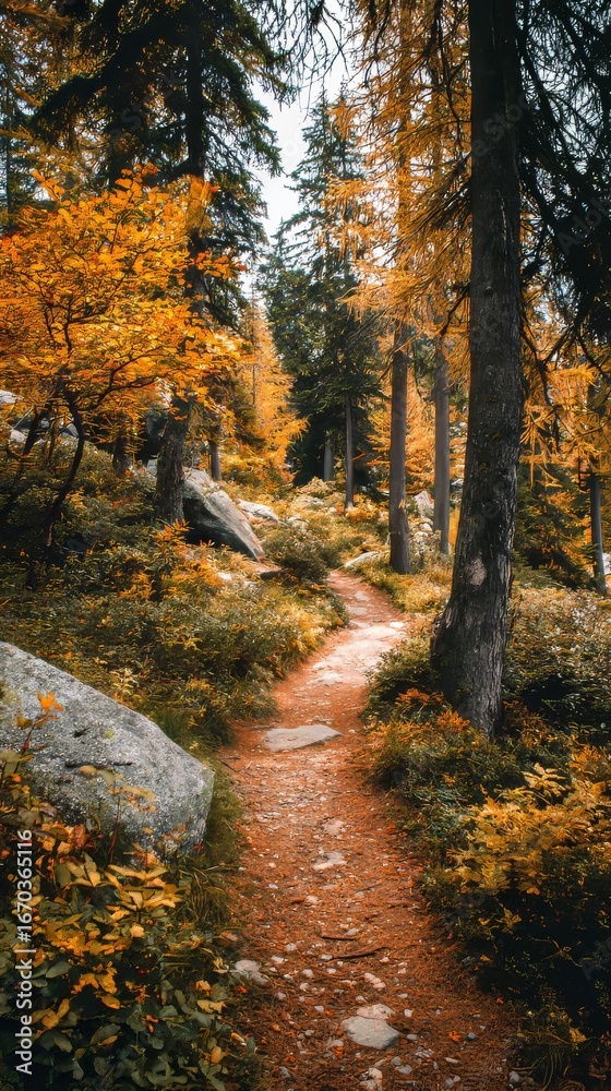 Fototapeta premium A scenic autumn forest path leads the way through nature's beauty.