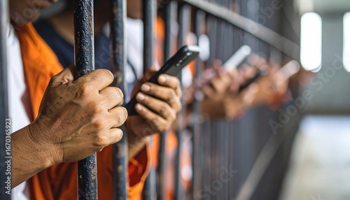 Dark conceptual image of prisoner’s hands holding bars and phone, symbolizing confinement, punishment, and justice themes in crime and prison context.