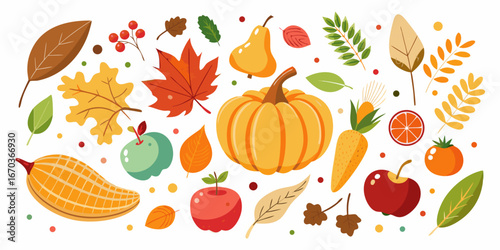 Set hand-drawn, colorful autumn harvest items. Modern abstract minimal style. Vector flat illustration.