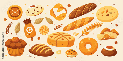 Set hand-drawn, colorful bakery foods. Modern abstract minimal style. Vector flat illustration.