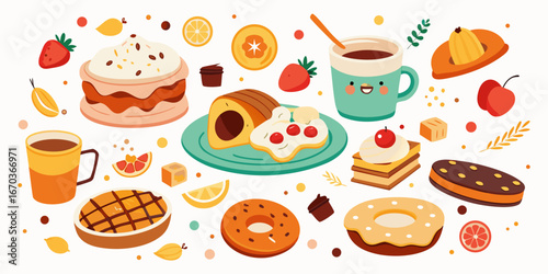 Set hand-drawn, colorful breakfast foods. Modern abstract minimal style. Vector flat illustration.