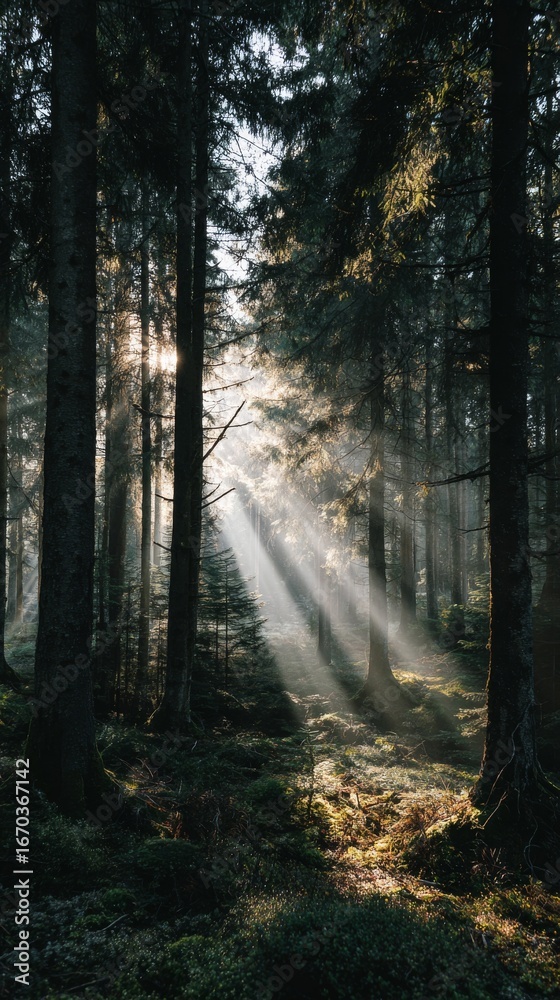 Obraz premium Sunlight streams through a dense forest, creating a magical ambiance.