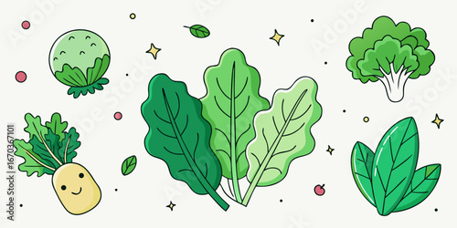 Set hand-drawn, colorful leafy vegetables. Modern abstract minimal style. Vector flat illustration.