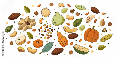 Set hand-drawn, colorful nuts and seeds. Modern abstract minimal style. Vector flat illustration.