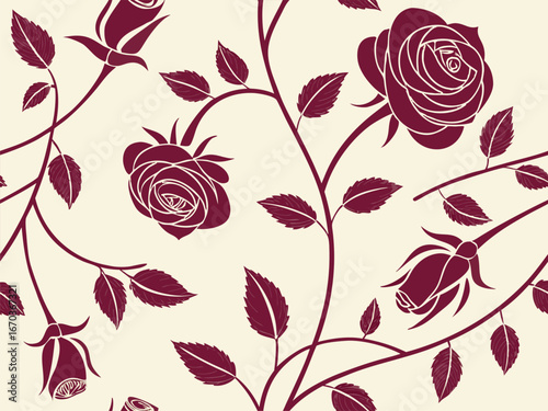 Decorative seamless pattern with elegant burgundy rose blossoms and intricate leafy stems, artfully arranged on a creamy beige background, ideal for sophisticated design