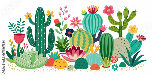 Set hand-drawn, colorful succulents and cacti. Modern abstract minimal style. Vector flat illustration.