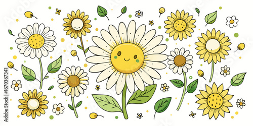 Set hand-drawn, colorful sunflowers and daisies. Modern abstract minimal style. Vector flat illustration.