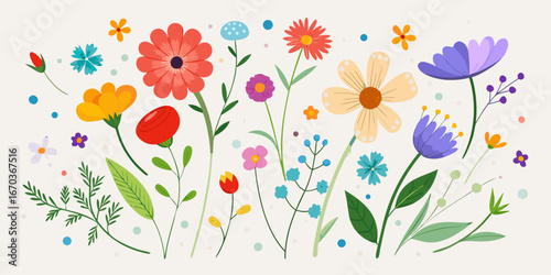 Set hand-drawn, colorful wildflowers. Modern abstract minimal style. Vector flat illustration.