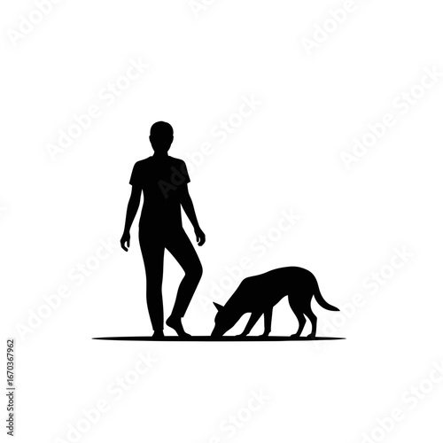 Black silhouette icon of a person with a dog sniffing the ground.
