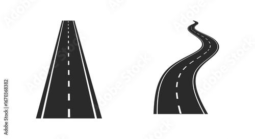 Two black roads with white markings on a plain white background