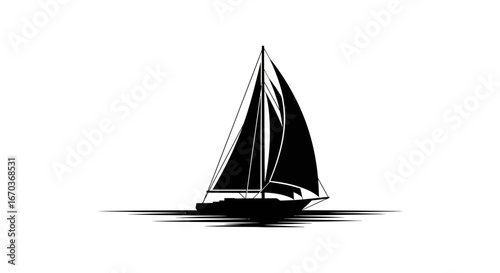 Black silhouette icon of a sailboat gliding on a flat sea.