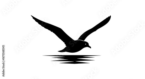 Black silhouette icon of a seabird gliding above water.