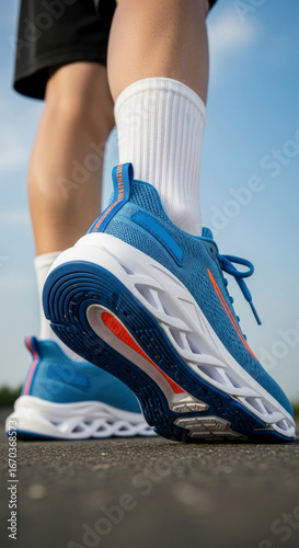A person wearing blue and orange running shoes stands on a paved surface