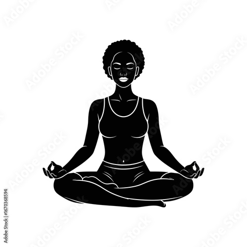 Black silhouette icon of a serene woman in lotus pose.